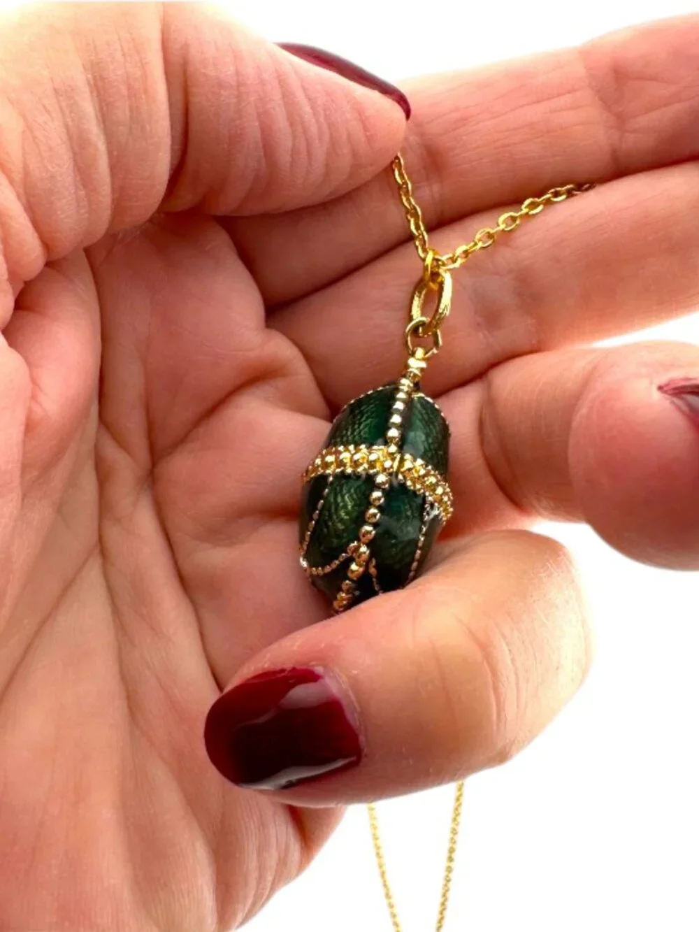 Faberge Egg Necklace Emerald Green Pendant Gold Tone Stainless Steel 18